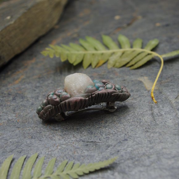 Coral Hair Clip with Milky Quartz, Hand Sculpted with Poly Clay - Picture 2 of 6